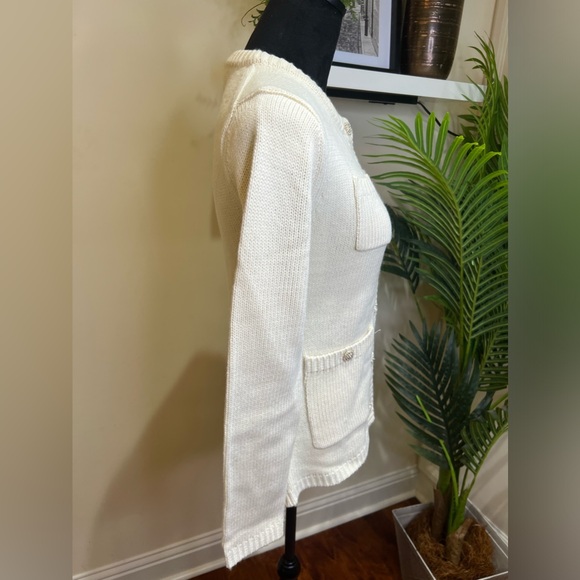 ZARA Jewel Button Shoulder Pad Knit Ivory Cardigan Sweater Jacket Medium - Picture 8 of 12